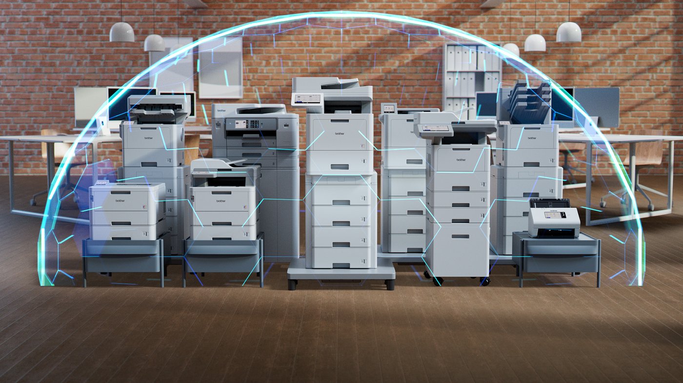 A range of Brother multifunction and laser printers displayed together in an office setting, surrounded by a glowing digital shield representing device security and protection.