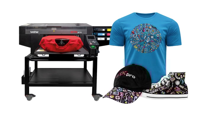 Brother GTXpro garment printer shown alongside printed examples including a T-shirt, cap and sneakers with colourful custom designs