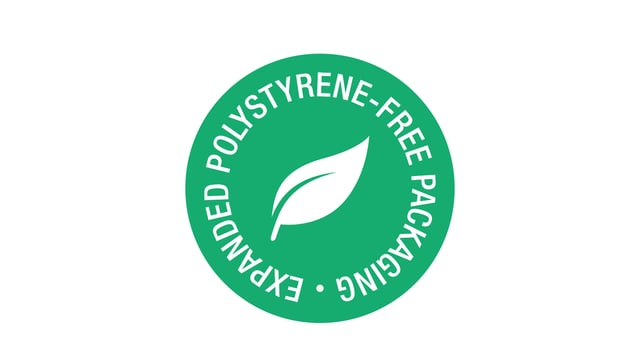 Expanded polystyrene free packaging badge with green circular icon and white leaf symbol.