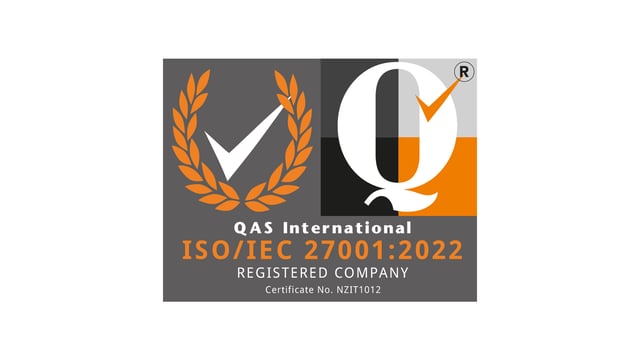 Logo displaying ISO/IEC 27001:2022 certification from QAS International