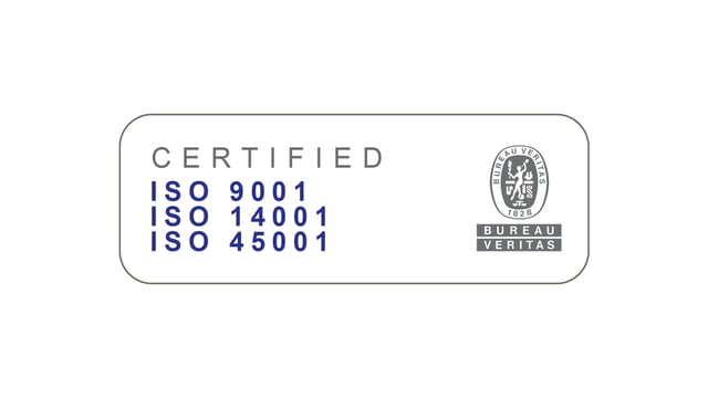 Logo displaying ISO certifications: ISO 9001, ISO 14001, ISO 45001 from Bureau Veritas