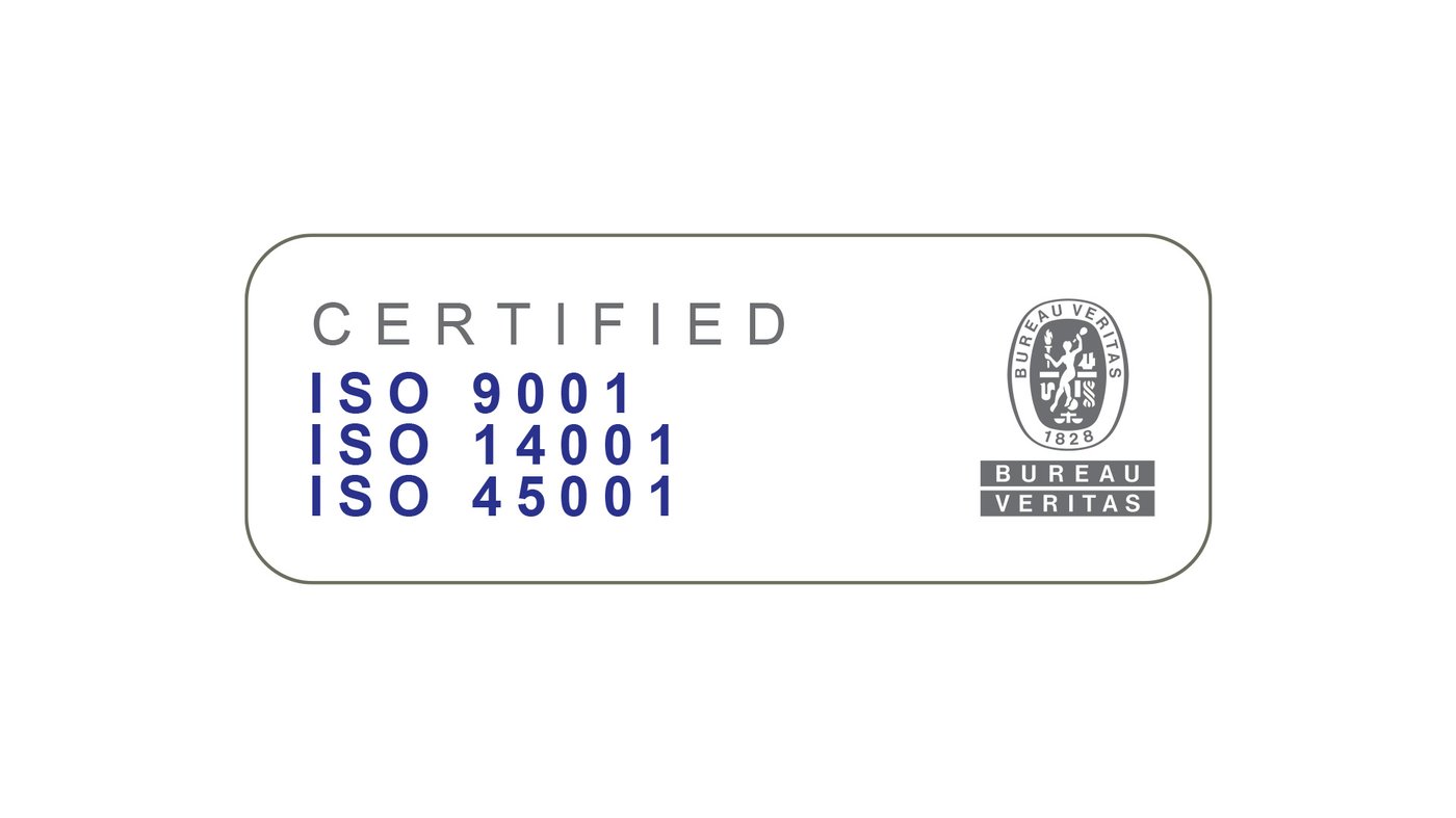 Logo displaying ISO certifications: ISO 9001, ISO 14001, ISO 45001 from Bureau Veritas