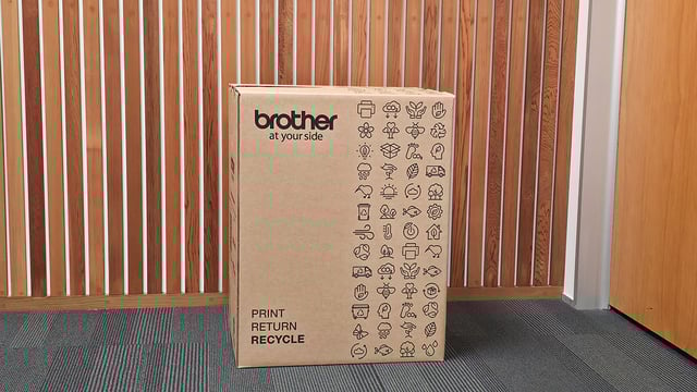 Large Brother cardboard recycling box with sustainability icons, placed in an office hallway with wooden slat wall behind it.
