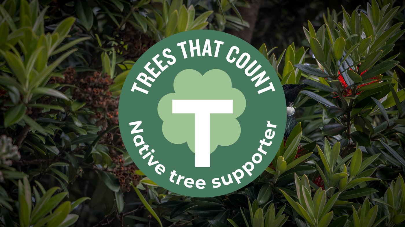 Trees That Count native tree supporter badge displayed over native bush background.