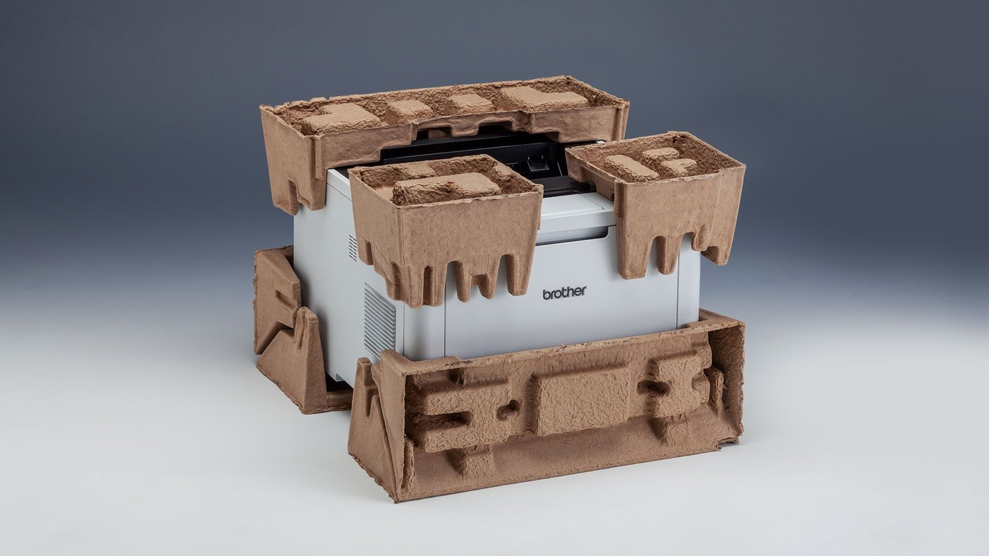 Prototype Brother EPS-free packaging made from recyclable moulded fibre for sustainable shipping.