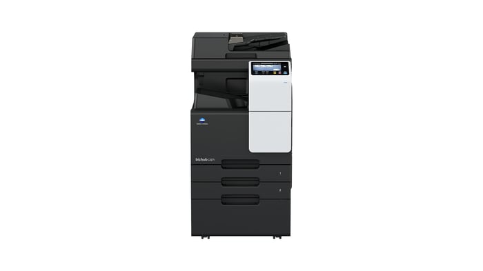 Konica Minolta bizhub C227i multifunction printer showing front view with touchscreen and paper trays.