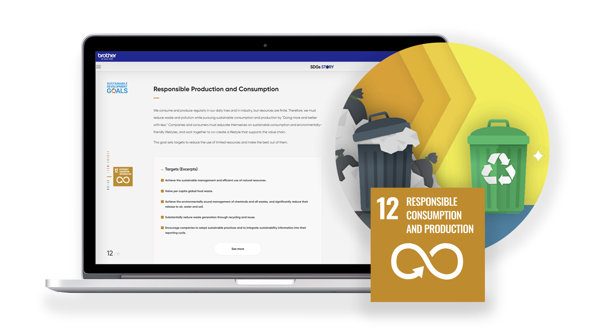 Brother sustainability webpage highlighting UN SDG 12 Responsible Consumption and Production and circular economy initiatives.