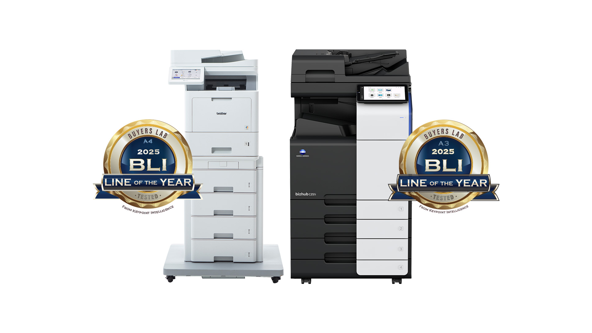 Brother and Konica Minolta multifunction printers displayed side by side with 2025 BLI Line of the Year award badges for A4 and A3 models.