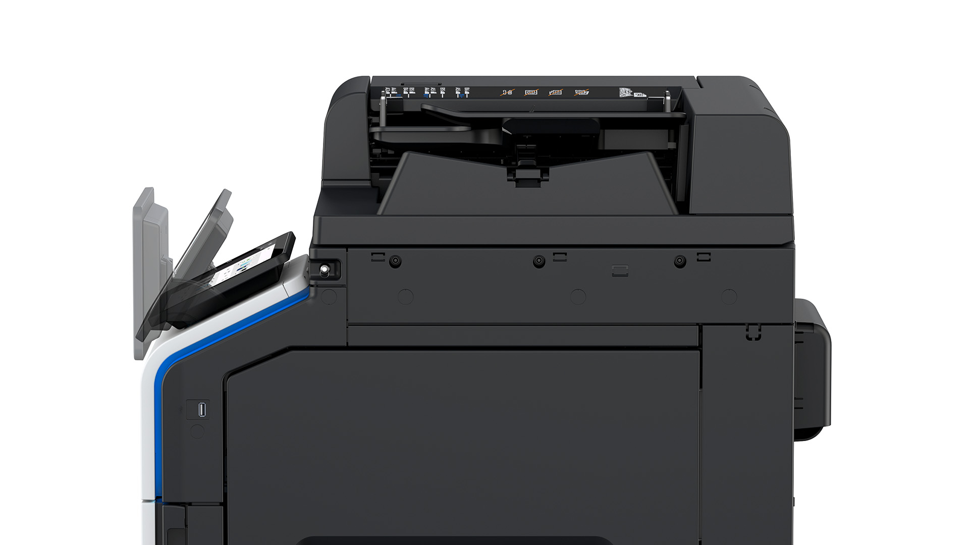 Konica Minolta bizhub i-Series multifunction printer showing adjustable touchscreen panel for improved accessibility.