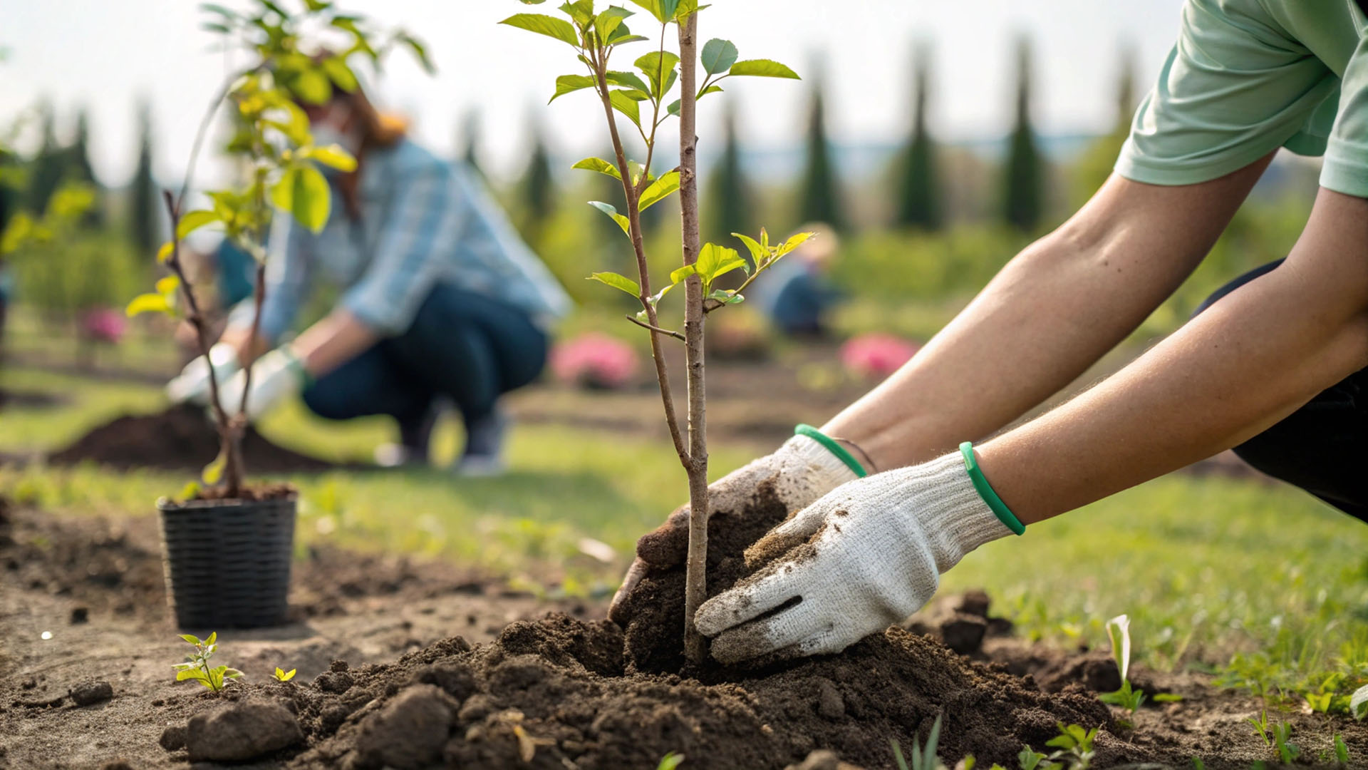 Person planting a young tree in soil during a community environmental planting activity.