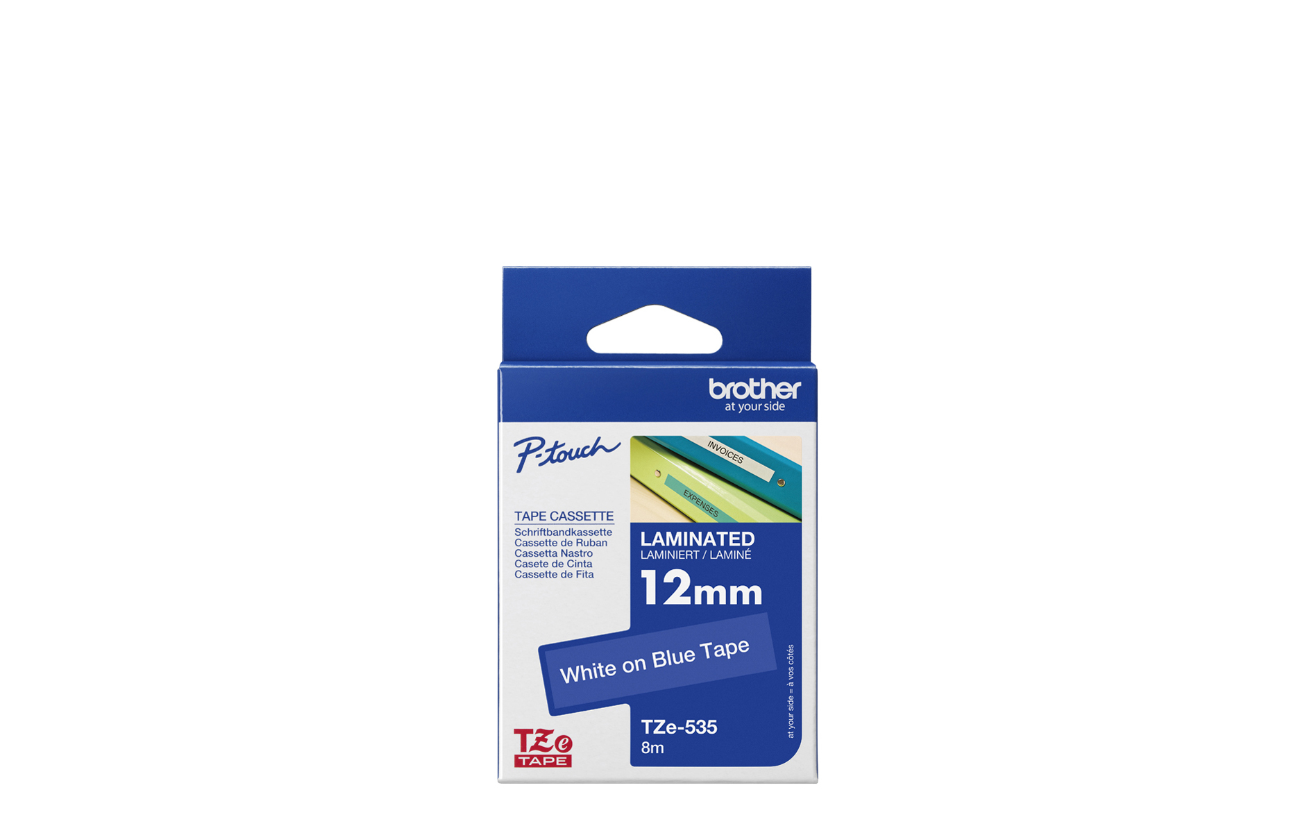 TZe-535, White on Blue, 12mm x 8m, Brother Genuine Laminated Tape