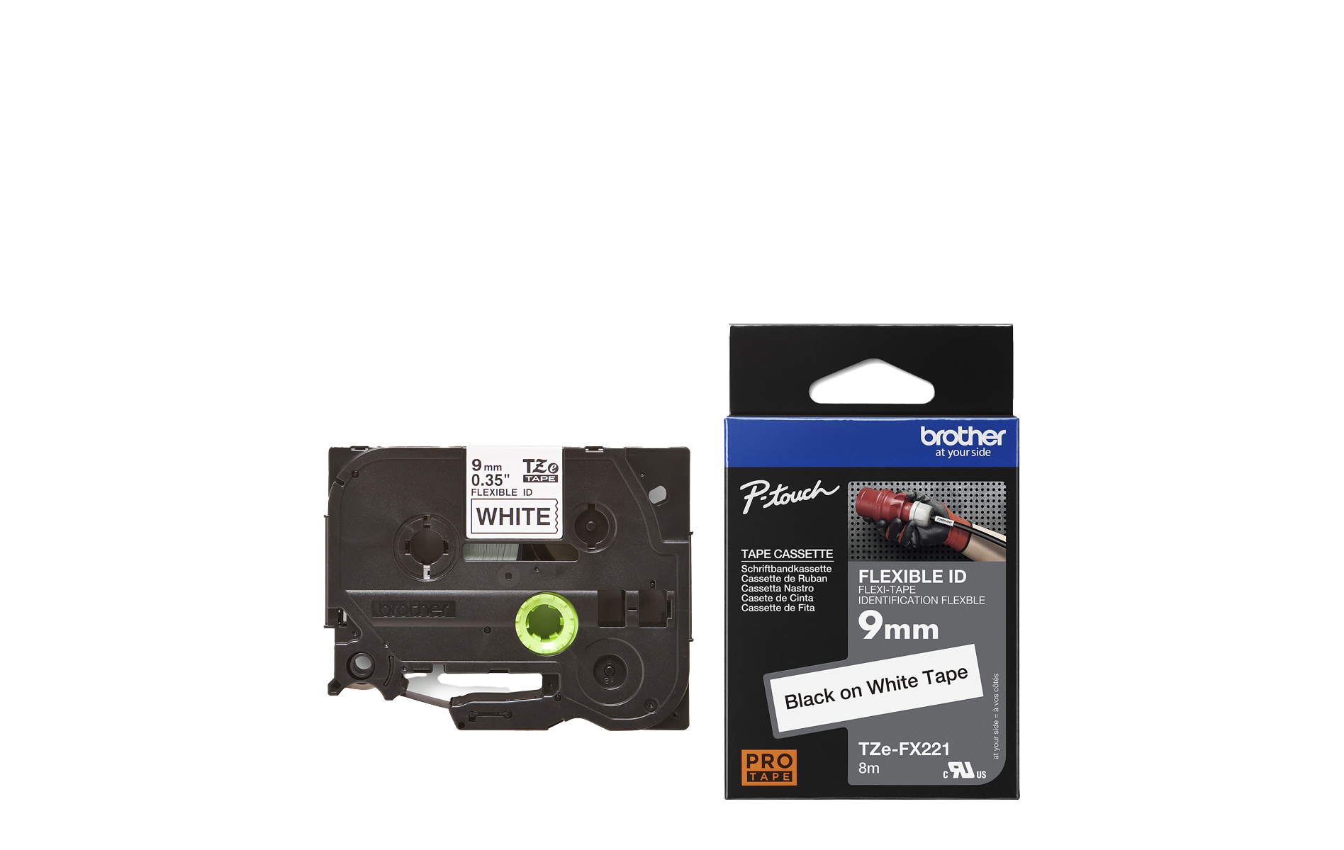 TZe-FX221, Black on White, 9mm x 8m, Brother Genuine Flex ID Tape