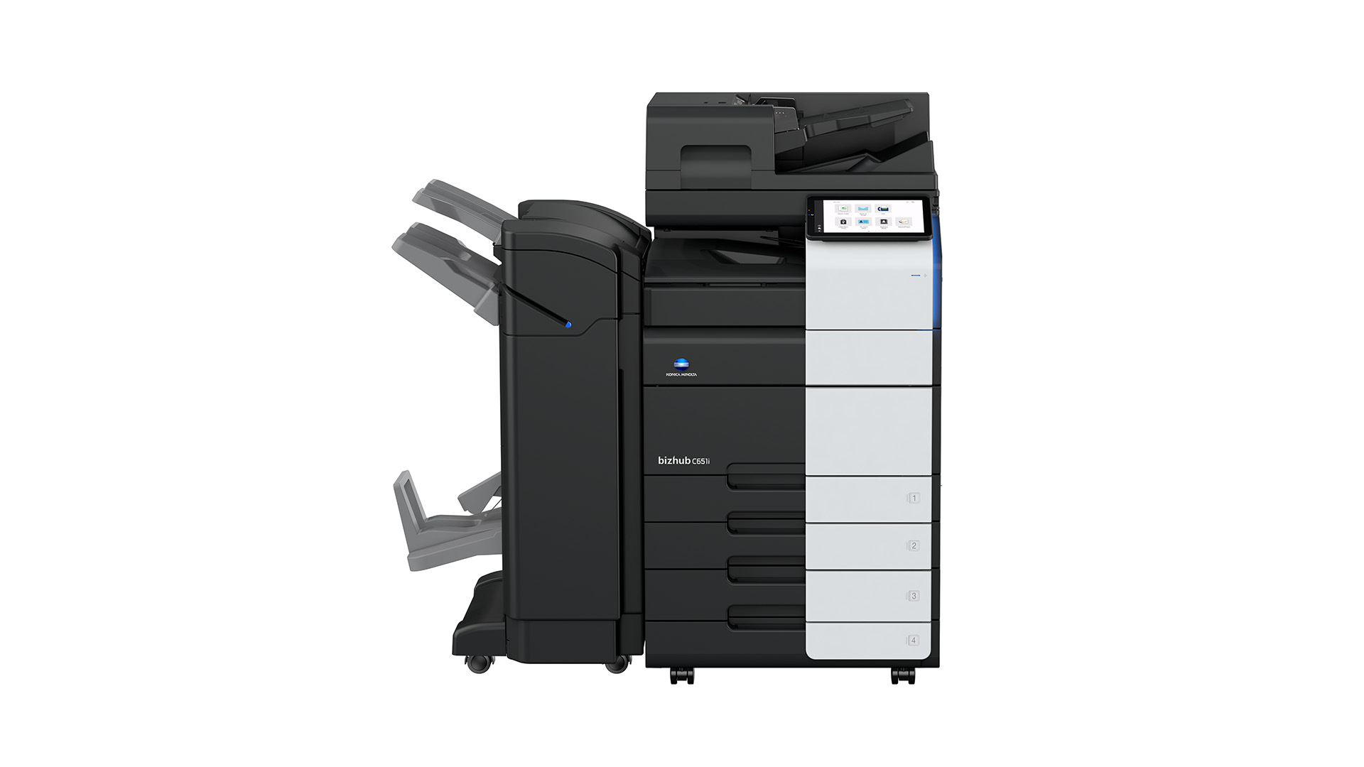 Konica Minolta bizhub C651i multifunction printer with advanced finishing unit and multiple paper trays, side profile.