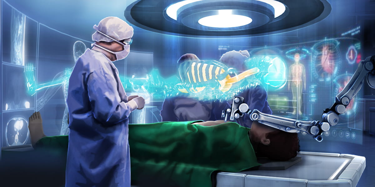 future of surgery, a surgeon performs a procedure aided by a robot