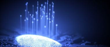 Binary code floating above a finger print to indicate fingerprint recognition technology