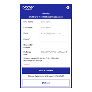 Book a callback option to get support from Brother helpdesk