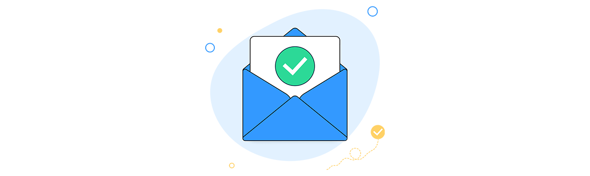 An illustration of a blue envelope with a white card inside. The card features a green circle with a white checkmark in the center. The background includes abstract shapes and dots in blue and yellow.