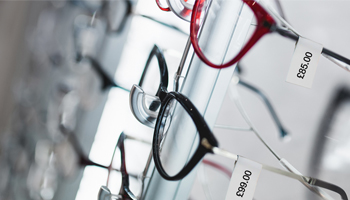 Glasses on a display in an opticians