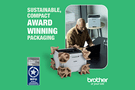 Man working beside Brother printer with award-winning sustainable pulp packaging; WorldStar 2025 badge displayed.