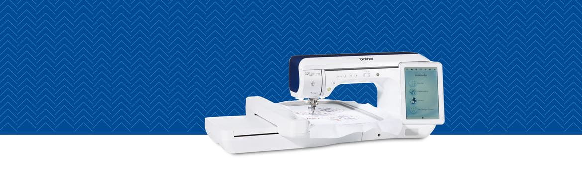 XP1 Sewing and Embroidery Machine on a blue pattern background 