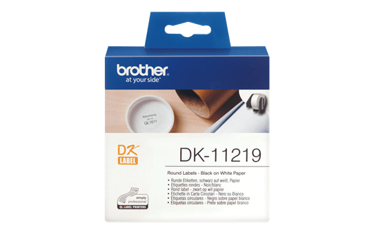 Genuine Brother DK-11219 Label Roll – Black on White, 12mm round labels