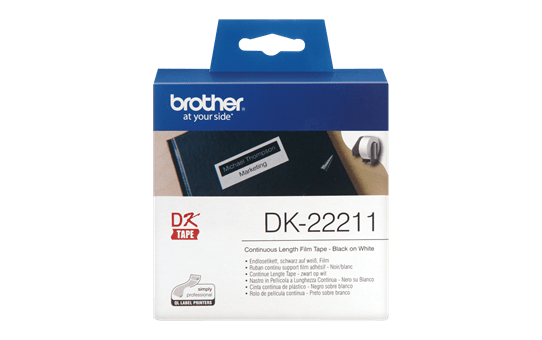 Genuine Brother DK-22211 Continuous Film Label Roll – Black on White, 29mm.
