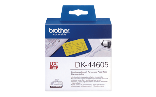 Genuine Brother DK-44605 Continuous Paper Label Roll with Removable Adhesive – Black on Yellow, 62mm