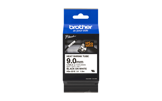 Genuine Brother HSe-221E Heat Shrink Tube Tape Cassette – Black on White, 9.0mm wide