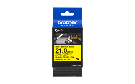 Genuine Brother HSe-651E Heat Shrink Tube Tape Cassette – Black on Yellow, 21.0mm wide