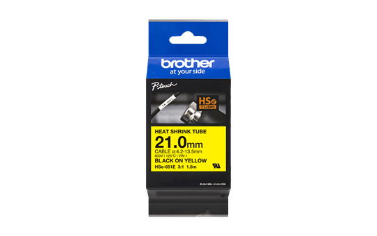 Genuine Brother HSe-651E Heat Shrink Tube Tape Cassette – Black on Yellow, 21.0mm wide